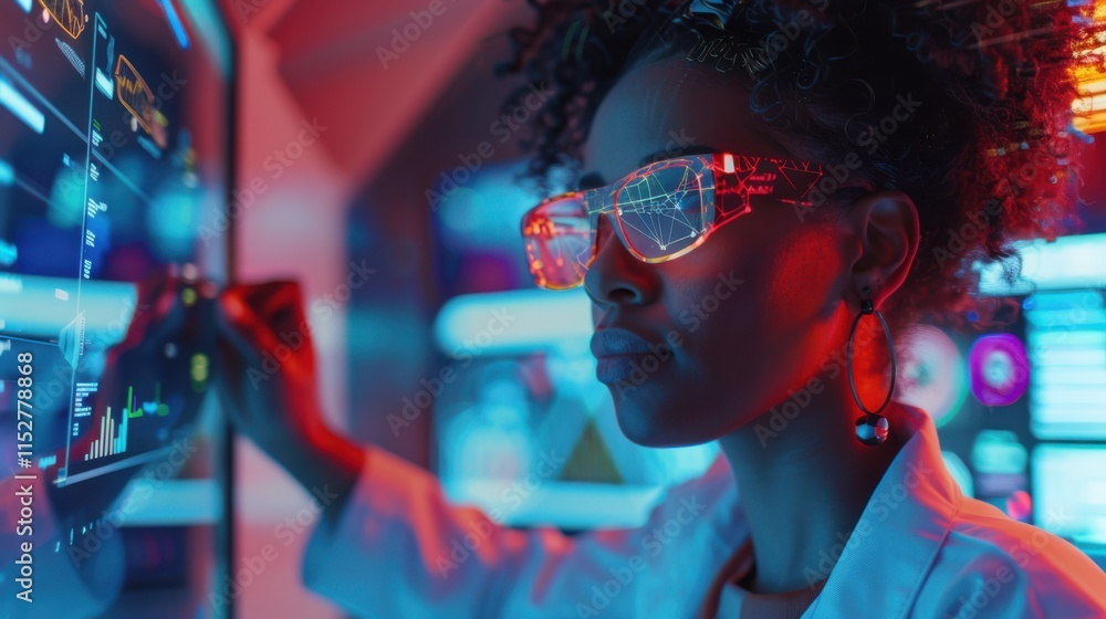 An African American CTO with a progressive style, wearing a statement-making tech-inspired outfit, leading an innovation workshop in a futuristic laboratory setting with interactive screens An African American CTO with a progressive style, wearing a statement-making tech-inspired outfit, leading an innovation workshop in a futuristic laboratory setting with interactive screens