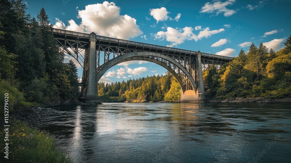 Fototapeta premium Majestic River Bridge Spanning Lush Greenery Under a Blue Sky