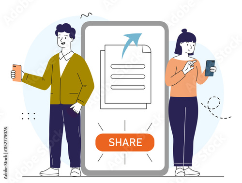 Share file online. Man and woman near smartphone with electronic documents. Electronic archive and storage. People with cloud service, file transfer. Linear vector illustration