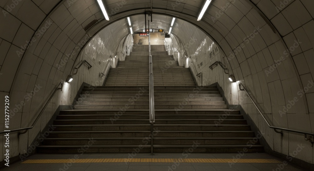 Fototapeta premium Empty subway staircase with tiled walls and overhead white lights
