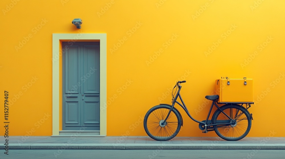 Yellow delivery box on bicycle parked by gray door, vibrant orange wall. Yellow delivery box on bicycle parked by gray door, vibrant orange wall.
