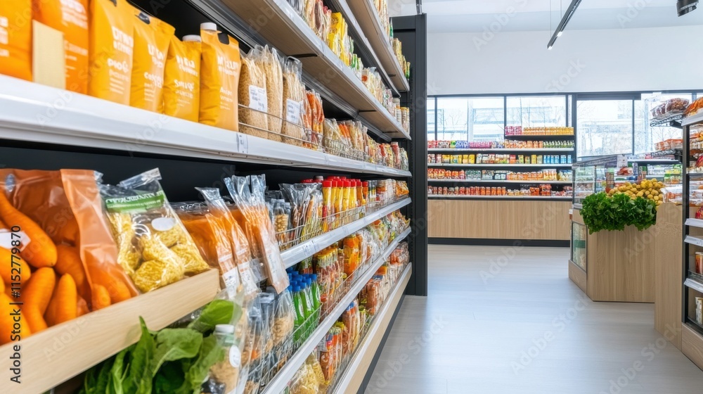 Bright and Organized Grocery Aisle with Fresh Produce and Diverse Food Products on Display Bright and Organized Grocery Aisle with Fresh Produce and Diverse Food Products on Display
