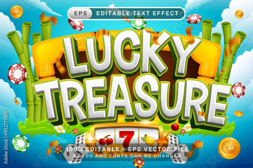 lucky treasure 3d text effect and editable text effect with blue sky, and a border of bamboo plants