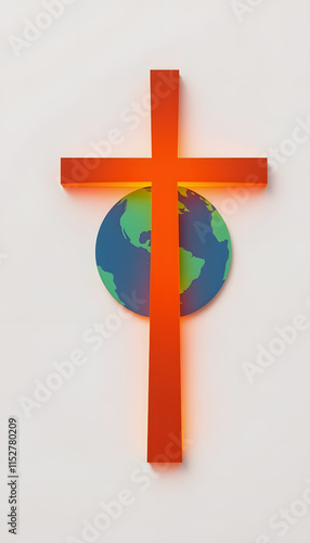 global christian mission concept glowing cross with earth spreading the gospel worldwide abstract background, flat papercut style, with white tones