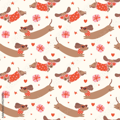 Groovy Valentine Dachshund Pattern Seamless Retro sausage dog Wallpaper isolated on background