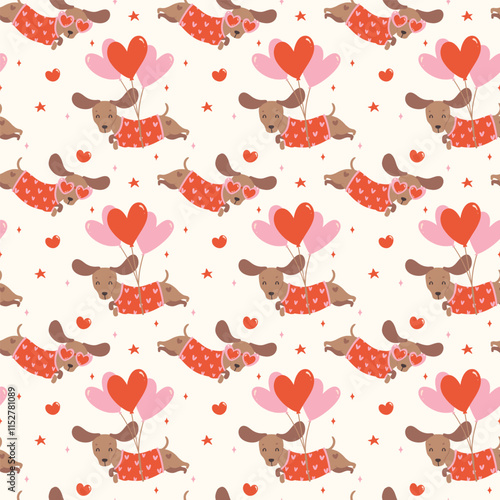 Cute Valentine Dachshund with Heart Balloons Pattern Seamless Groovy sausage dog Wallpaper isolated on background