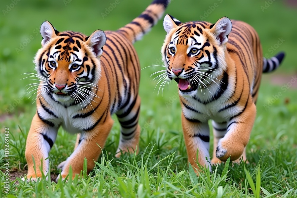 Obraz premium Playful Tiger Cubs Running in Lush Green Meadows, Perfect for Wildlife and Nature Photography Enthusiasts