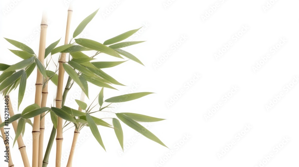 Obraz premium A serene arrangement of bamboo stalks with lush green leaves, creating a calming and natural aesthetic.