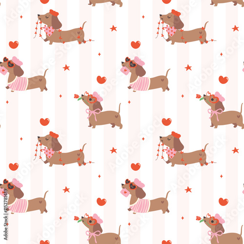 Retro Valentine Dachshund Pattern Seamless Cute Groovy sausage dog Wallpaper isolated on background