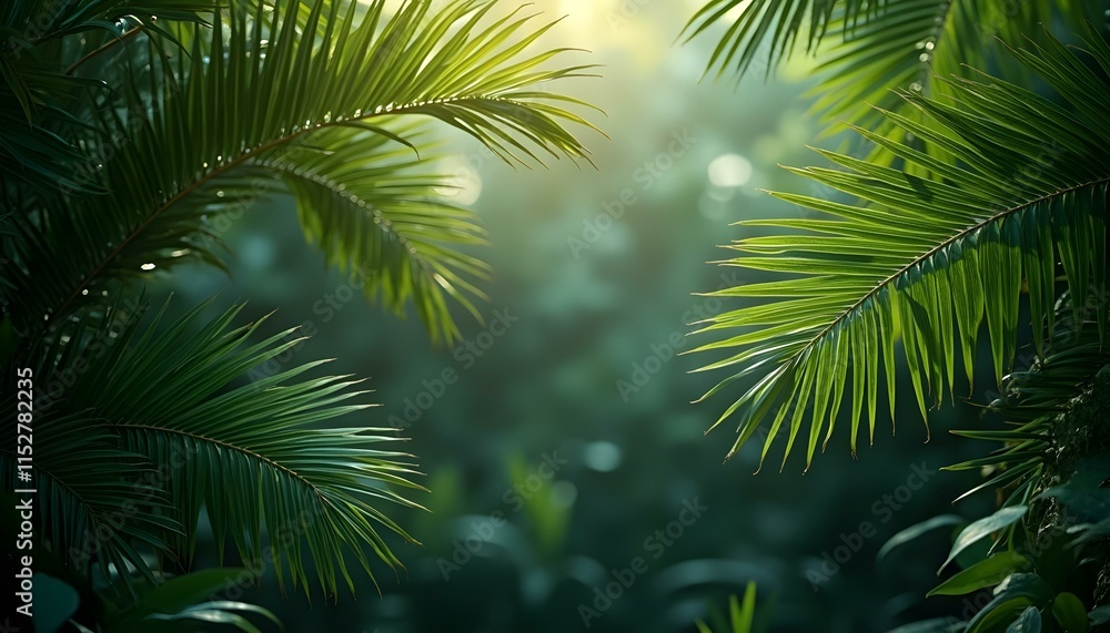 Fototapeta premium Hojas de palmera tropical enmarcando un fondo exótico.