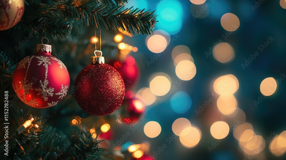A close-up view of a decorated Christmas tree featuring shiny gold and red ornaments, A close-up view of a decorated Christmas tree featuring shiny gold and red ornaments,
