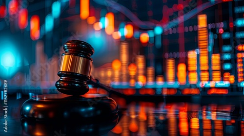 Gavel and Blurred Stock Market Data: Financial Justice and Legal Decisions