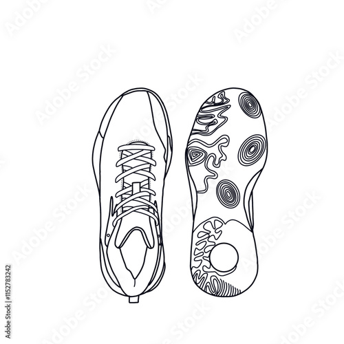 Template vector basketball shoe sneaker non-slip, suitable for your custom basketball shoes, front and bottom view. Outline vector doodle illustration. Isolated with a white background.