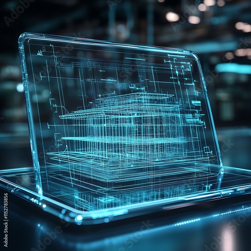 Futuristic transparent tablet displays 3D building model.