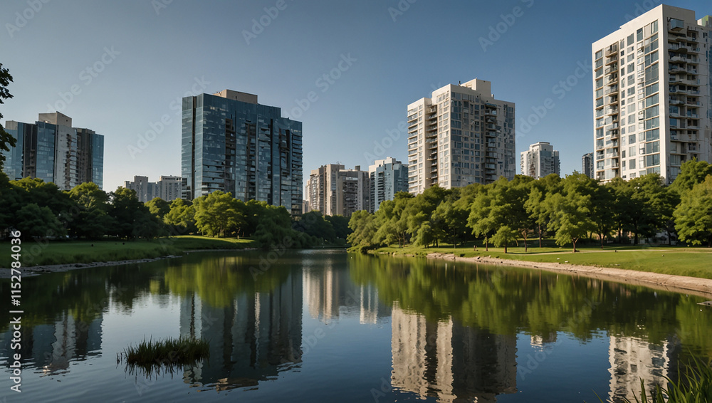 A park with a calm lake reflecting tall buildings, lush green trees, and grassy areas. A park with a calm lake reflecting tall buildings, lush green trees, and grassy areas.
