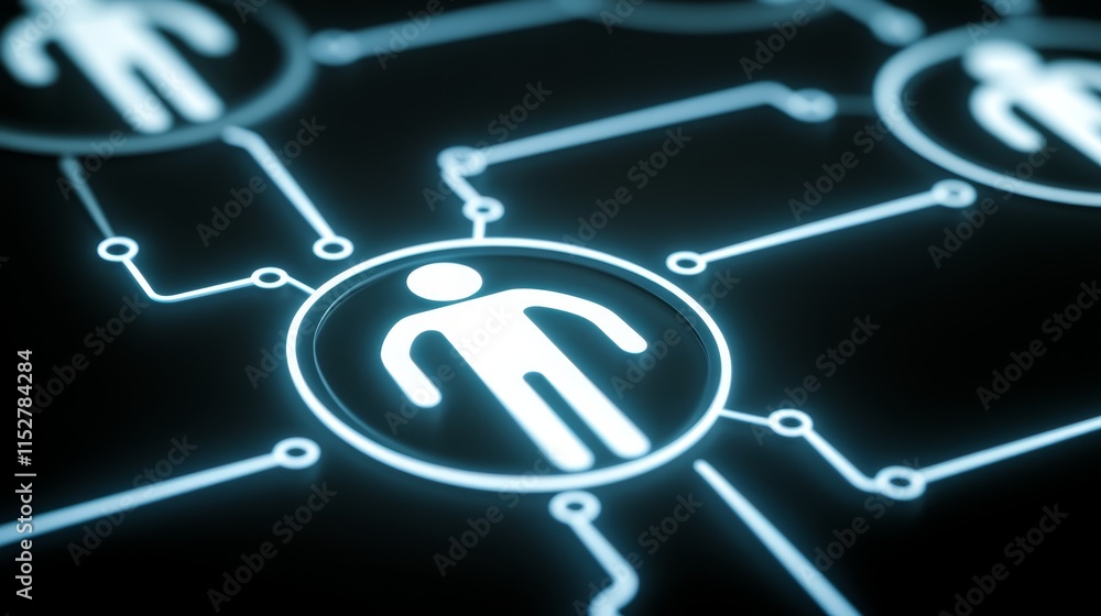 Fototapeta premium Interconnectedness, person at the center of a complex network of lines, visualizing relationships and communication