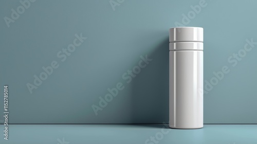 White cylindrical container against a blue wall.