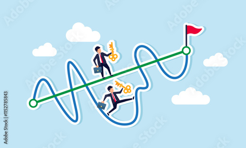 Two businessmen carrying keys race, one on a straight graph and the other on a fluctuating graph, aiming for a flagpole, illustration of business competition in providing solutions photo