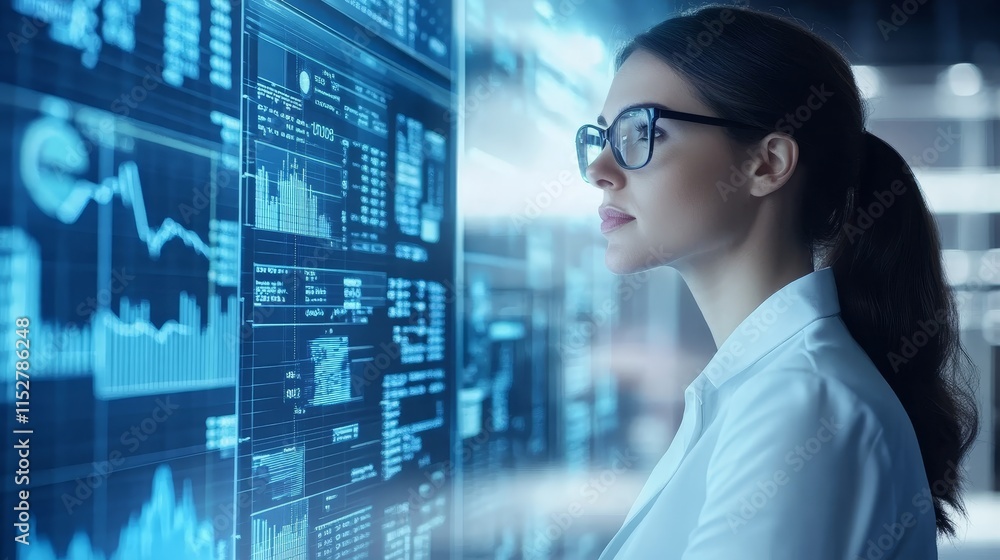 Woman in glasses analyzing data trends on a screen displaying graphs for business insights Woman in glasses analyzing data trends on a screen displaying graphs for business insights