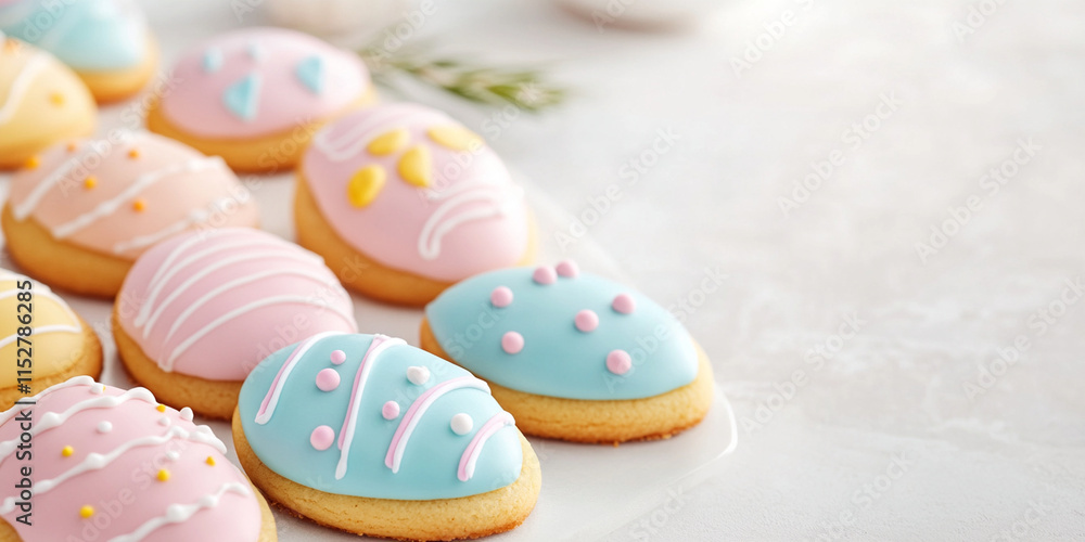 Freshly baked Easter cookies shaped like eggs, decorated with colorful icing and sprinkles, perfect for festive celebrations and gatherings Freshly baked Easter cookies shaped like eggs, decorated with colorful icing and sprinkles, perfect for festive celebrations and gatherings