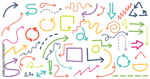 Doodle arrows and lines. Straight or curly line points in particular direction