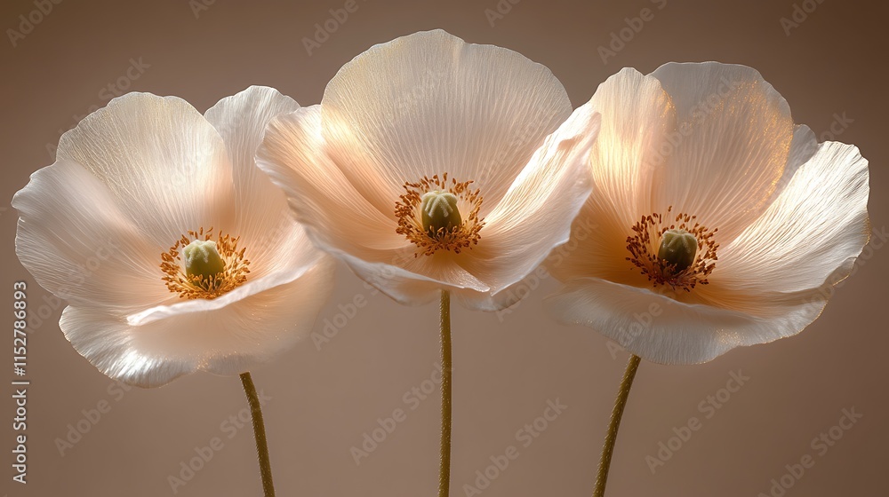 Fototapeta premium Three Delicate Cream Poppies Illuminated Against A Soft Brown Background
