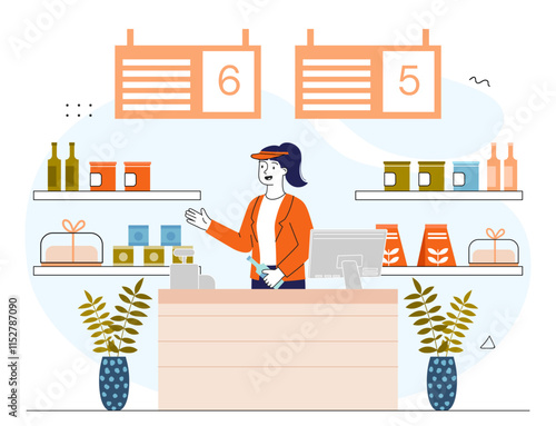 Seller at cash register. Woman behind cash register in shop or supermarket. Retail occupation. Cash and cashless payment. Purchases in store or market. Linear vector illustration