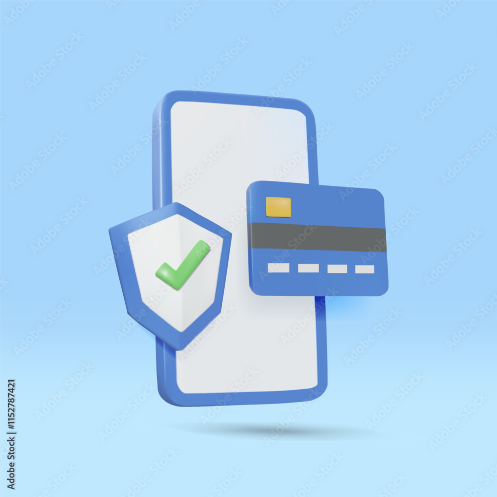 Vector illustration 3D render of blue mobile phone icon Credit card and protective shield with green check mark Concept about secure online payments financial security and reliability in transactions Vector illustration 3D render of blue mobile phone icon Credit card and protective shield with green check mark Concept about secure online payments financial security and reliability in transactions