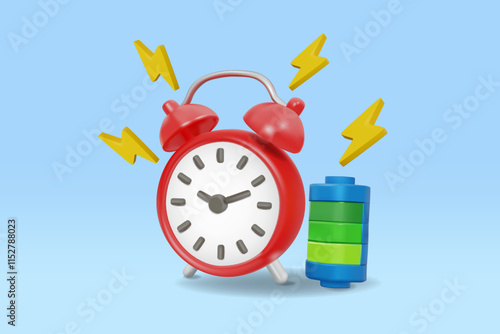 Vector illustration 3D render of red alarm clock icon. Battery with green power strip and yellow lightning, the concept of energy efficiency time management and increasing energy for work or activity