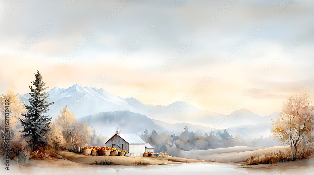 Relaxing watercolor art serene mountain landscape with barn and countryside view Relaxing watercolor art serene mountain landscape with barn and countryside view