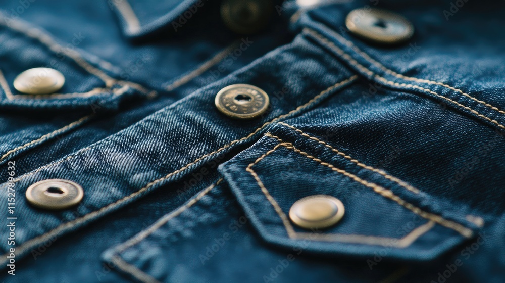 Close-Up View of Denim Shirt Buttons and Stitching Details Close-Up View of Denim Shirt Buttons and Stitching Details