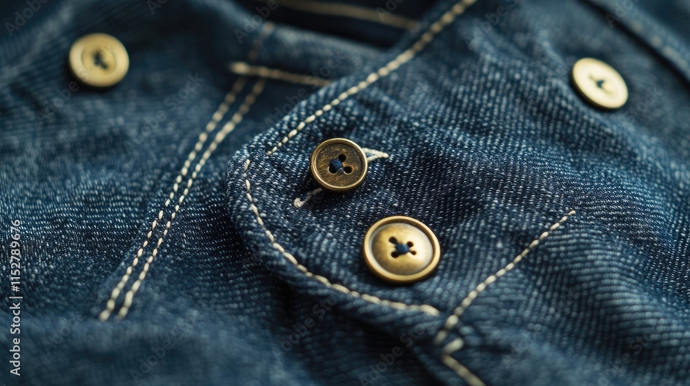 Close-Up View of Denim Fabric and Gold Buttons on Clothing Close-Up View of Denim Fabric and Gold Buttons on Clothing