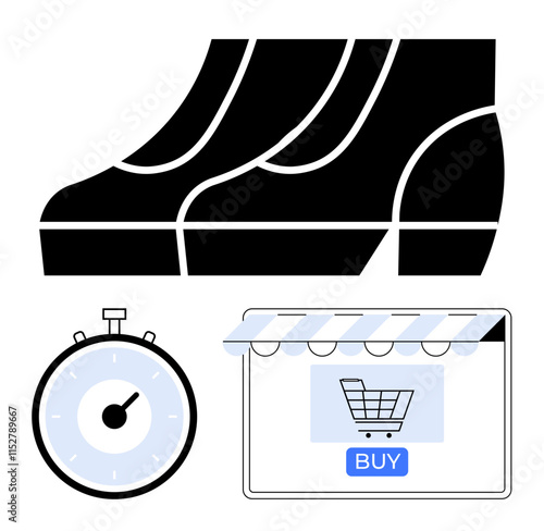 Shoes stopwatch for timing online store window, Buy button show online shopping urgency. Ideal for e-commerce, sales, consumerism, time management, digital shopping, marketing, business motivation