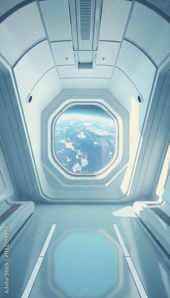 Fototapeta premium White blue spaceship futuristic interior with window view on planet Earth 3d rendering, simple style