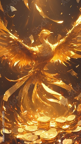 Golden phoenix rising from coins, fire, feathers, light.