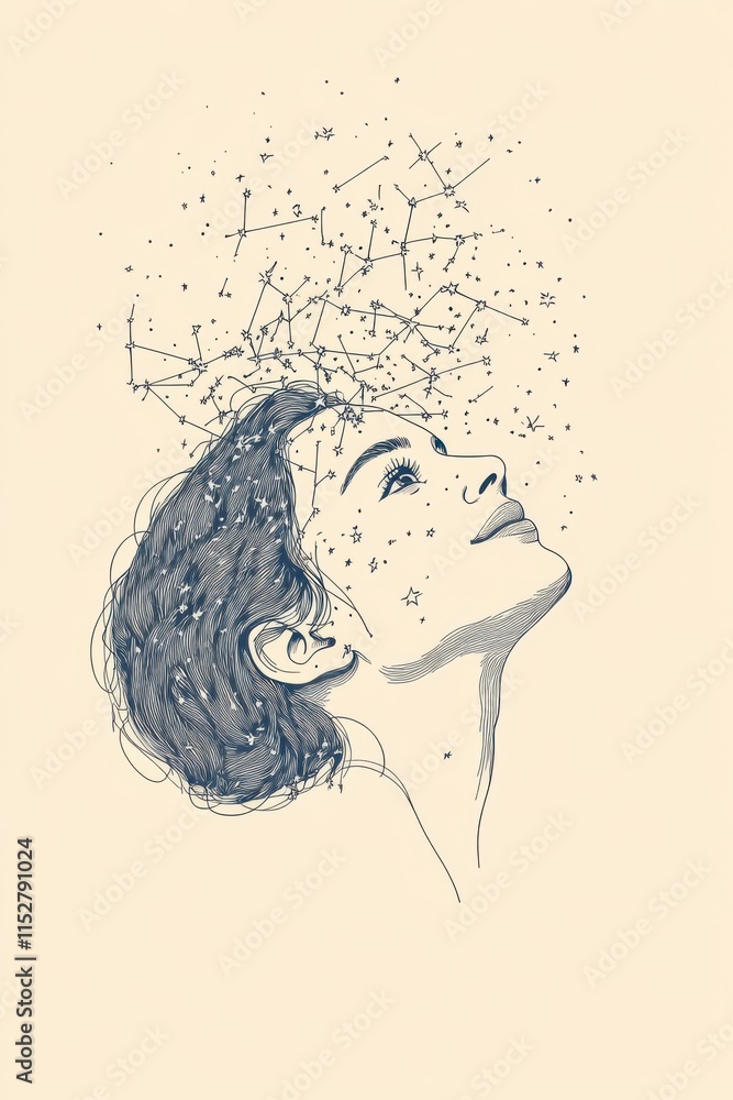 A minimal single line art of a woman gazing upwards with a confident smile, surrounded by stars and light, symbolizing aspirations and dreams, hand-drawn style minimalist line art, beige colors A minimal single line art of a woman gazing upwards with a confident smile, surrounded by stars and light, symbolizing aspirations and dreams, hand-drawn style minimalist line art, beige colors