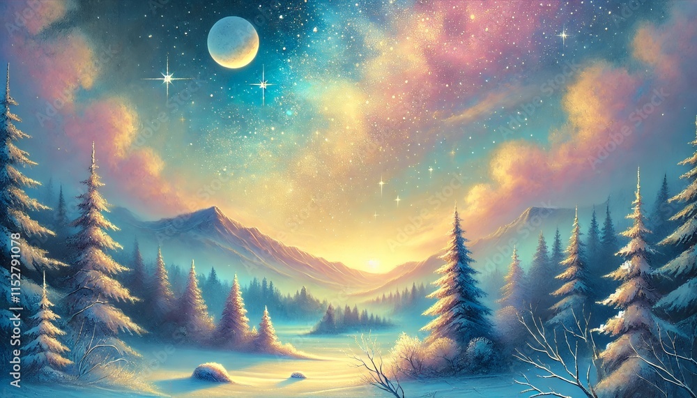 Naklejka premium A Serene Winter Evening with a Radiant Starry Sky and Mystical Pastel Colors in a Fantasy Realm