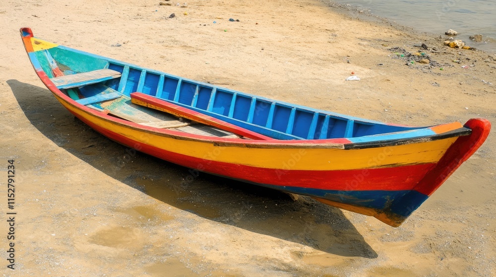 Colorful Wooden Fishing Boat on Sandy Beach Under Clear Sky Colorful Wooden Fishing Boat on Sandy Beach Under Clear Sky