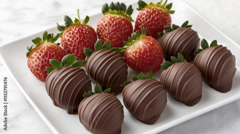 Fresh Strawberries Dipped in Rich Chocolate on Elegant White Plate Fresh Strawberries Dipped in Rich Chocolate on Elegant White Plate
