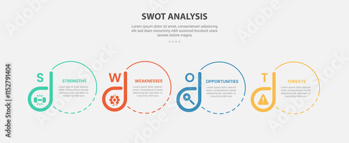 SWOT analysis infographic outline style with 4 point template with creative circle and badge accessories for slide presentation