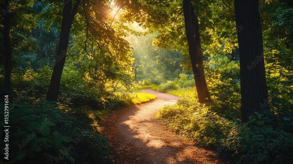 Naklejka premium Sunlit Path in a Lush Green Forest