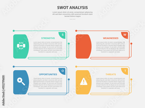 SWOT analysis infographic outline style with 4 point template with creative rectangle box with half edge badge for slide presentation
