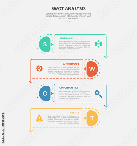 SWOT analysis infographic outline style with 4 point template with rectangle box container with arrow bottom direction and opposite position for slide presentation