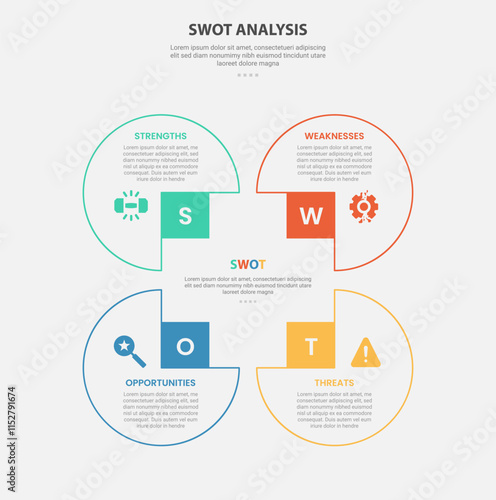 SWOT analysis infographic outline style with 4 point template with circle container on square base line for slide presentation
