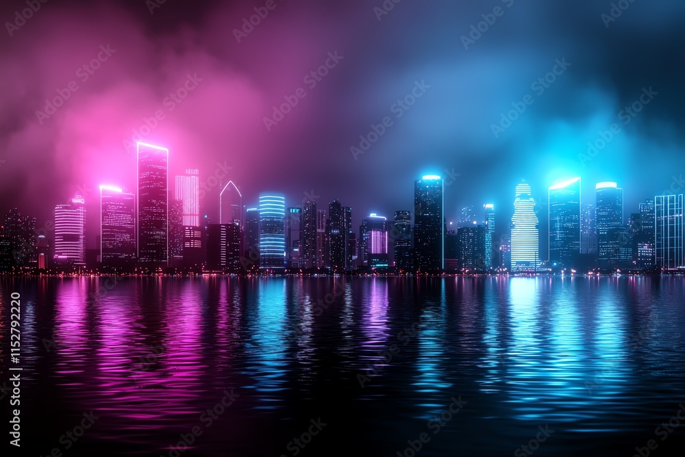 Fototapeta premium A vibrant city skyline illuminated by pink and blue lights, reflecting on calm waters under a misty sky.