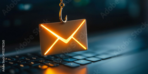 fishing hook piercing illuminated envelope symbolizes phishing scams. This highlights dangers of online security threats and email fraud