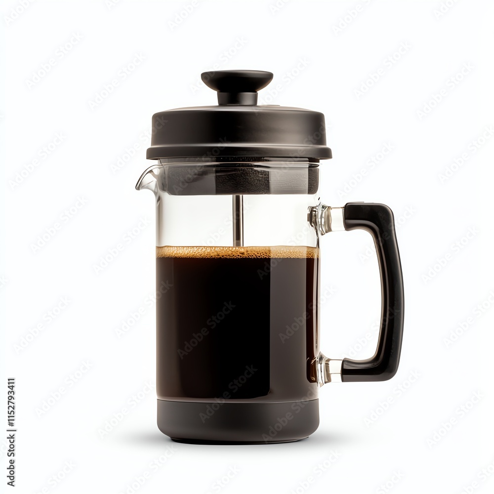 A sleek French press coffee maker filled with freshly brewed dark coffee, showcasing its modern design and functionality. A sleek French press coffee maker filled with freshly brewed dark coffee, showcasing its modern design and functionality.