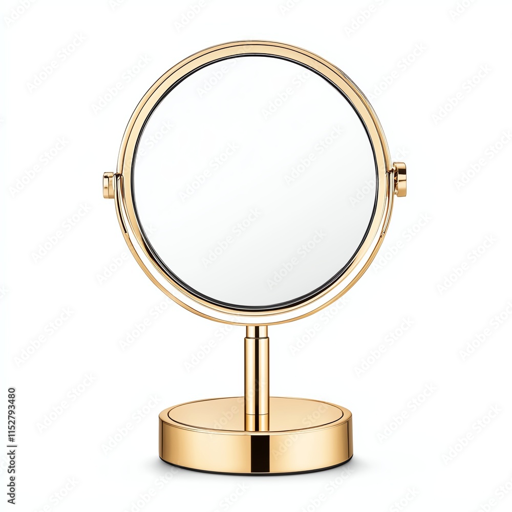 A stylish gold tabletop mirror with a circular design, perfect for enhancing any vanity or decor. A stylish gold tabletop mirror with a circular design, perfect for enhancing any vanity or decor.