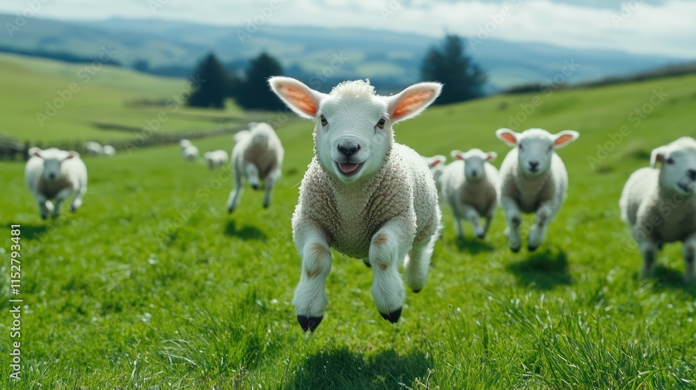 Obraz premium A joyful lamb leaps through a lush green field, surrounded by other sheep under a bright sky.