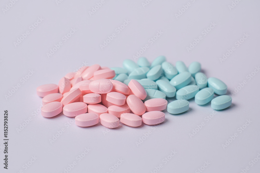 Pink and blue pills arranged on plain white background Pink and blue pills arranged on plain white background